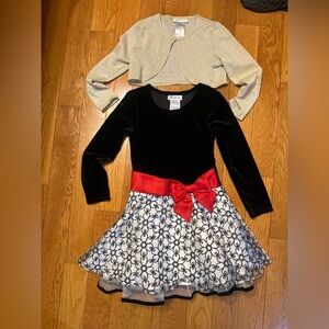 Bonnie Jean Black and White Dress with Red Bow and Gold Bolero